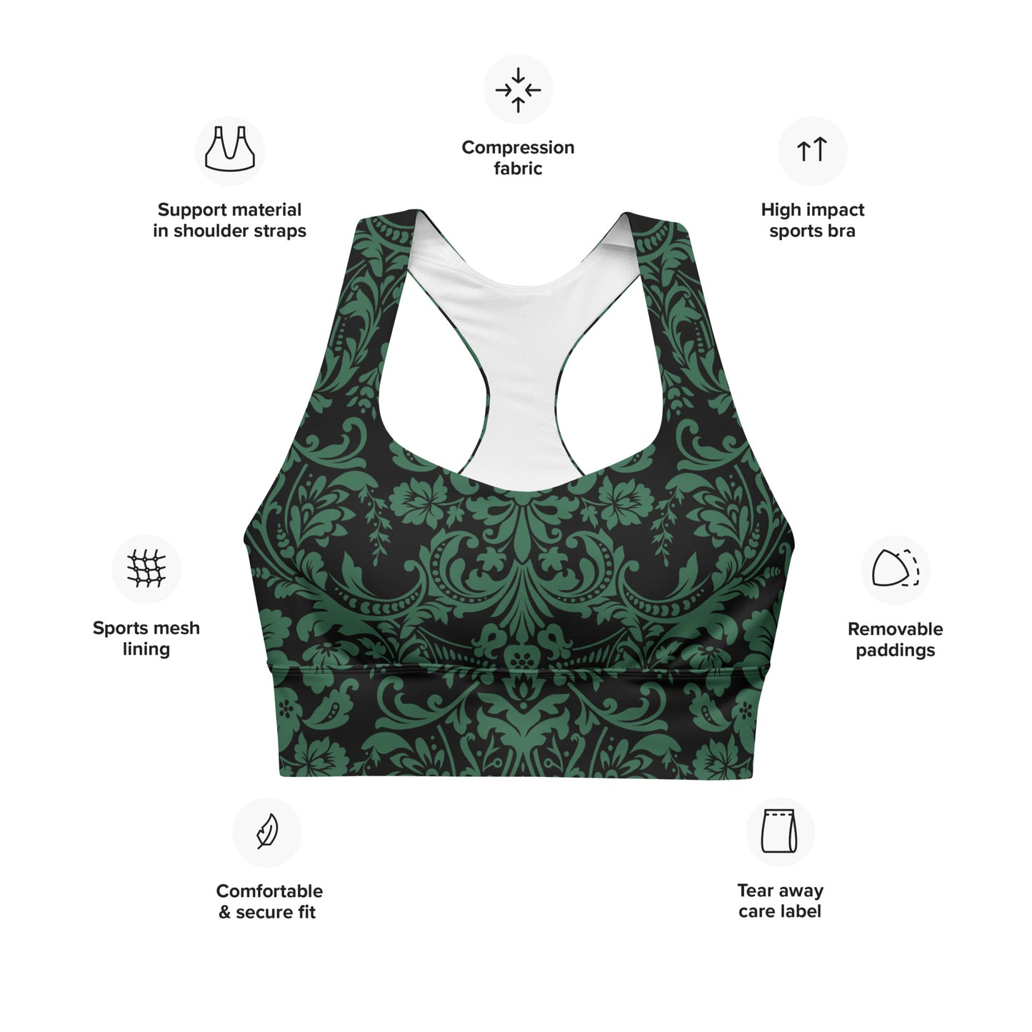 ETHEREAL EMERALD DAMASK CUSTOM LONGLINE ALT BRA TOP